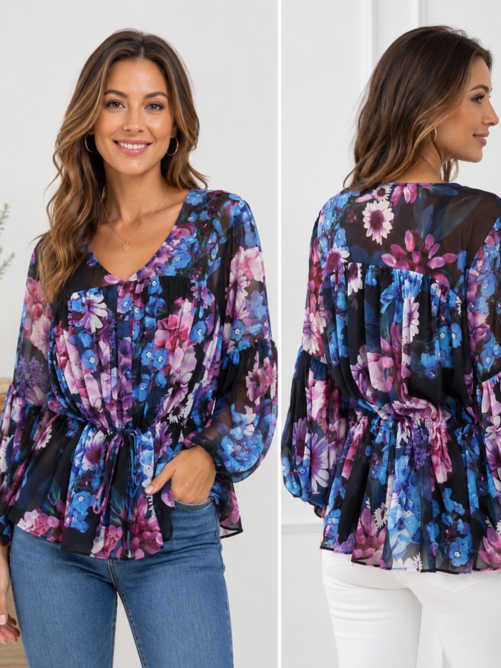Adrianna Papell Black Floral V-Neck Tie-Waist Sheer Blouse